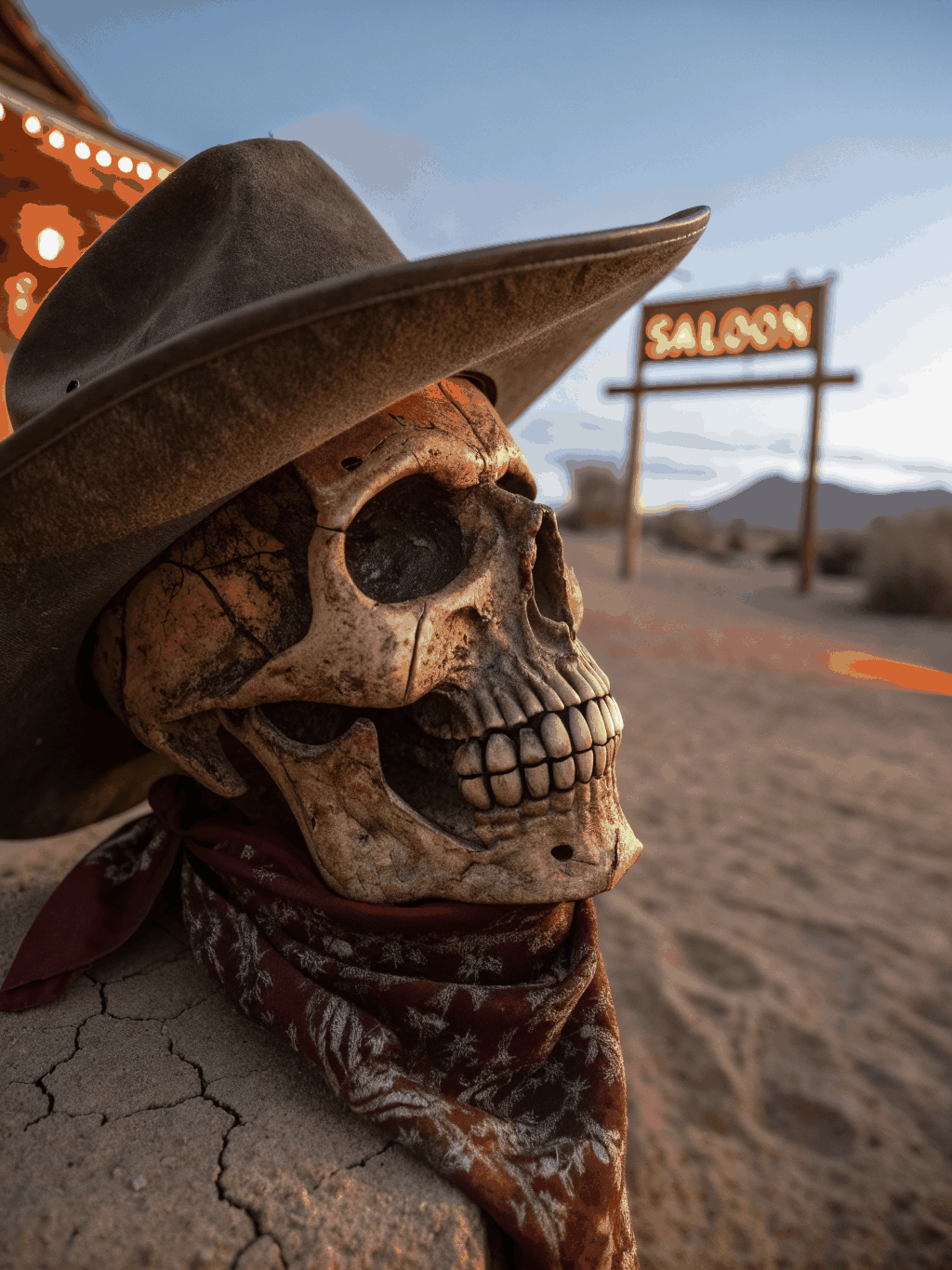 A skull and metallic rose buried in desert sand along a cracked highway under glowing neon sky.