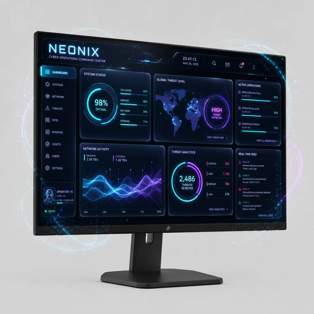 Void System Monitor application UI mockup with glowing telemetry visuals