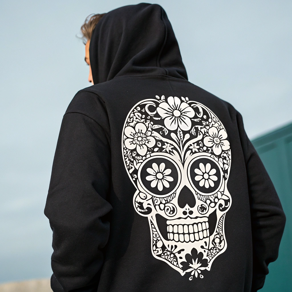 Dark merchandise hoodie featuring metallic skull print with glowing neon eyes
